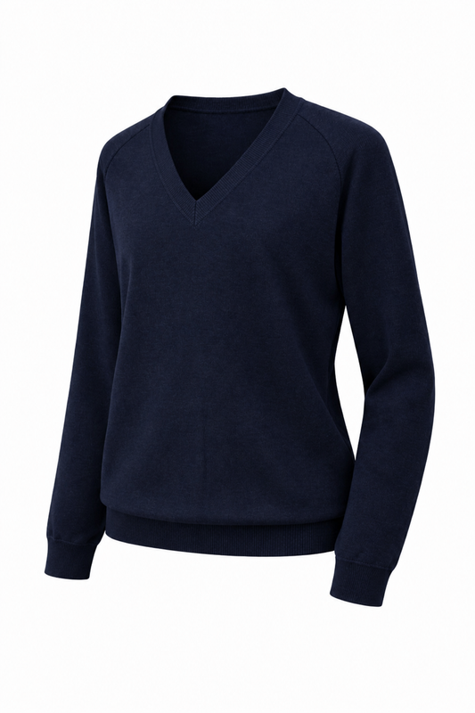 Plain Navy Knitted V- Neck Pullover