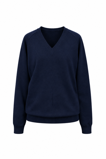 Plain Navy Knitted V- Neck Pullover