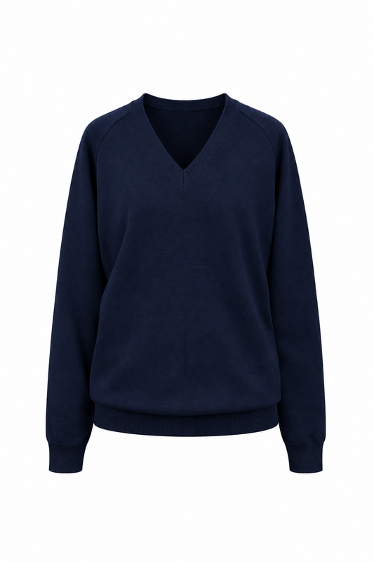 Plain Navy Knitted V- Neck Pullover